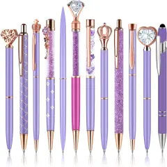 12Pcs Luxury Crystal Diamond Ballpoint Pens Set - Purple Glitter Metal Pens for Women, Journaling Supplies with Black Ink for School Office Desk
