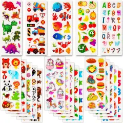 24 Sheets 3D Stickers for Kids Toddlers, Puffy Stickers Including Animal, Fruits, Car, Number, Dinosaur, Fish and More for Boys, Girls, Teachers, Reward, Craft Scrapbooking