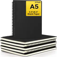 Hardcover Spiral Notebook Unlined, A5 6 packs 5.5&rdquo;x8.3&ldquo; Blank Travel Writing Notebooks Journal, Notepad Sketchbook, College Office Business Subject Diary Spiral Journal-Black Cover