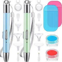 2 Pieces Diamond Painting Pen with Light Drill Diamond Painting Accessories 12 Pen Heads, 2 Anti-Slip Mats, 2 Wax Organizer Cases for DIY Craft Supplies Tools(Blue, Green)