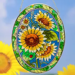 Summer Oval Sunflower Sun Catcher, Stained Glass Window Hangings, Suncatchers Decorative Pendant, Handmade Decor, Gifts for Family, Friends and Flower Lovers 6.5"X8.5"