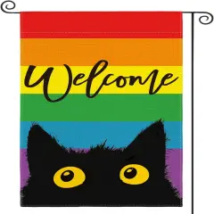 Welcome LGBTQ Pride Parade Rainbow Cat Garden Flag Double Sided, LGBTQ Community Gay Lesbian Transgender Bisexual Yard Outdoor Decoration 12 x 18 Inch
