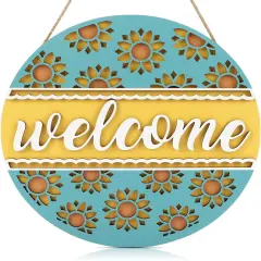 3D Summer Sunflower Welcome Front Door Sign (12''x12''), Vintage Summer Wooden Cutout Door Decor, Rustic Carved Hello Wall Hanging for Porch Garden Fence Shop Decoration