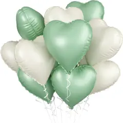 Sage Green White Heart Balloons, 10PCS Green Beige Foil Heart Balloons, 18inch Olive Green Cream White Heart Shape Balloons for Neutral Jungle Birthday Baby Shower Valentines Wedding Party Decorations
