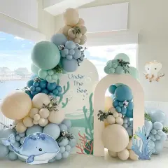 147pcs Under the Sea Balloons Garland Arch Kit with Dusty Slate Blue Pastel Green Sand White Latex Balloons for Ocean Themed Under the Sea Baby Shower Birthday Party Decorations