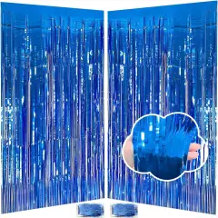 Blue Streamers Party Decorations 3.3x8.2ft, 2 Pack Dark Blue Tinsel Backdrop for Ocean Themed Party Decor, Glitter Blue Foil Fringe Curtains for Door Decorations Hanging Birthday Baby Shower Halloween