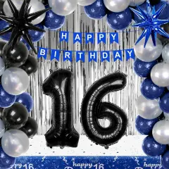 16th Birthday Decorations for Boys and Girls, Blue and Silver 16th Birthday Party Decorations, HAPPY BIRTHDAY Banner Black Number 16 Balloons Garland 16 Years Old Bday Party Supplies with Tablecloth