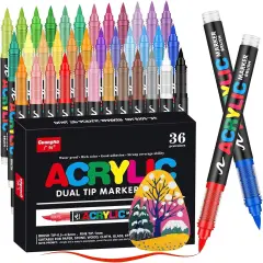 Acrylic Paint Markers Pens, 36 Colors Waterproof & Long-Lasting Ink, Brush Tip Acrylic Markers for Wood, Rock Painting, Glass, Canvas, Ceramic, Fabric, Plastic Art Crafts Supplies Kids Adult