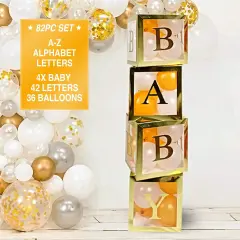 82 PCS Gold Neutral Baby Shower Decorations for Boy or Girl - Jumbo Transparent Baby Block Balloon Boxes, BABY, A - Z Letters DYI Gold White Pink Blue Balloons | Gender Reveal Party Supplies Birthday