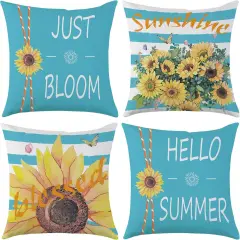 Sunflower Pillow Cover 18 x 18 Inch Set of 4 Spring Summer Throw Pillow Covers Floral Double-Sided Printing Blue Cushion Cover for Sofa Home Decor