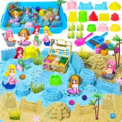 Summer Mermaid Sensory Bin Sandbox Toys for Toddlers Girls Kids- Mermaid Toys for Kids Play Sand Kit Sensory Sand Bin Toys with 2.2 lbs Sand & Castle Mold,Great Christmas Birthday Gift for Girl Kids