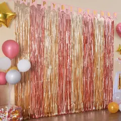 2 Pack Rose Gold Birthday Decorations, 3.3x6.6ft Pink and Gold Foil Fringe Curtains, Tinsel Streamers Backdrop Photo Booth Props for Bridal Shower Ballerina Valentine's Party Decor