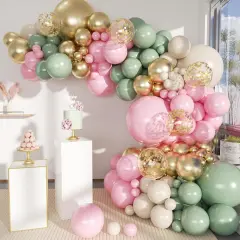 Sage Green Pink Gold Balloon Arch Kit, 141Pcs Sage Green Pastel Pink Chrome Gold Sand White Latex Balloons for Birthday Wedding Baby Shower Gender Reveal Anniversary