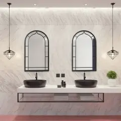 Set of 2 33"H Modern Arched Black Metal Decorative Wall Mirror Bathroom Living Room