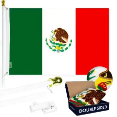 G128 - 5 Feet Tangle Free Spinning Flagpole (White) Mexico Flag Double Sided Brass Grommets Embroidered 2x3 ft (Flag Included) Aluminum Flag Pole