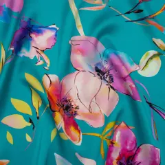 1 Yard Turquoise Pink Multicolor Silk Charmeuse Print Illustrated Watercolor Flowers Made in Italy Width 53"