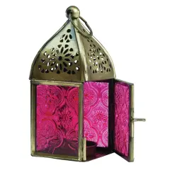 In the Breeze 9200 &mdash; Pink Mini Square Tealight Lantern &mdash; Moroccan-Style Boho Chic Tealight Glass and Metal Tabletop Lantern
