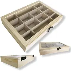 2 Pack Unfinished Wood Classic Box with Hinged Glass Lid for Arts, Crafts, Hobbies, Beads Jewelry and Much More | 14 Compartment Ready to Paint Decorate and Personalize