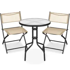 Best Choice Products 3-Piece Patio Bistro Dining Furniture Set w/ Round Textured Glass Tabletop, Folding Chairs Beige