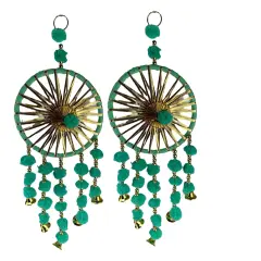 Ring Wall Hanging Woollen Stuffed Rajasthani Traditional Handicraft Set of 2 Wall Art Hanging Wind Chime Decorative Showpiece Diwali Gift Latkan for Home Office Decor Green