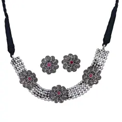 Indian Oxidized Jewelry Boho Tribal Jewelry Indian Long Necklace Bohemian Jewelry Afghani Tribal Tassel Long Ghungroo Necklace Earrings Set Choker Necklace Fashion Jewelry RUBY