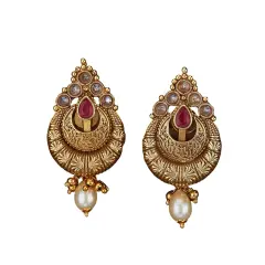 Indian Ethnic Earrings for Women - Traditional South Indian Stud Earrings Gold Plated Vibhati Jhumkas Faux Kundan Dangle Drop Earrings in Gold Tone Ear Jewelry for Bride | Gift for Her RUBY