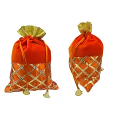 5 Potli Bags, Gifting Bags, Women Velvet Hand Bags, Wedding Return Gifts for Pooja Housewarming Favor Orange