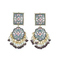 Oversized Indian Jhumka Earrings &ndash; Square Stud Jhumki, Ethnic Chandbali with Floral Print & Faux Pearls &ndash; Bollywood Dangle Jewelry for Women, Bride & Birthday Gift GREY