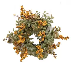 3" Mustard Pebble Creek Candle Ring with Foam Berries and Green Plastic Leaves