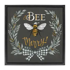 Stupell Industries Bee Merry with Garland Framed Floater Canvas Wall Art Design by Deb Strain