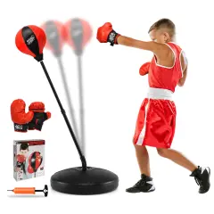 Costway Kids Punching Bag Toy Set Adjustable Stand Boxing Glove Speed Ball with Pump Red/Pink