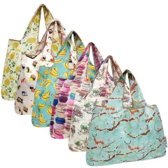 Wrapables Large Foldable Tote Nylon Reusable Grocery Bags, 6 Pack, Tasty Delights