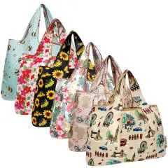 Wrapables Large Foldable Tote Nylon Reusable Grocery Bags, 6 Pack, Botanical Serenity