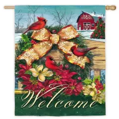 Cardinals Wreath Fence Christmas Banner 2 Sided Flag