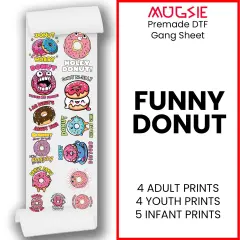 Funny Donut DTF Transfer 22x60 Direct-to-Film Gang Sheets Iron On Transfers 4 Adult Prints 4 Youth Prints And 5 Pocket Prints