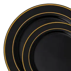 Black with Gold Edge Rim Plastic Dinnerware Value Set (120 Guests)