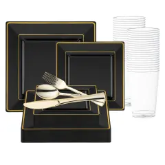 Black with Gold Square Edge Rim Plastic Wedding Value Set (20 Settings)