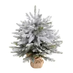 Mini Snow Flocked Artificial Christmas Tree 22" Small Xmas Snowed Pine Burlap Base Home Office Tabletop Winter Holiday Decor