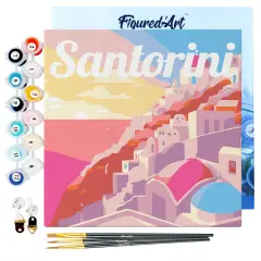 Figured'Art Mini Paint by Numbers Kit for Adults with Frame Travel Poster Santorini Sunset Small format 8"x8" - Craft Art Painting DIY Canvas Already Stretched on a Wooden Frame