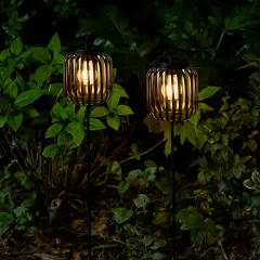 Set of 2 33"H Black Metal Stripes Solar Powered Outdoor Lantern with Edison Bulb and Stake