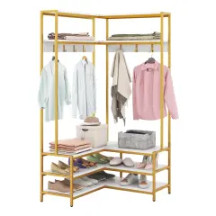 Multi-purpose Coat Rack with Open Shelves & Metal Hooks for Storage White