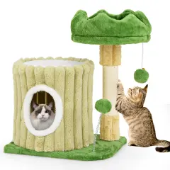 Green MDF Cat Tree with Plush Perch, Condo, Scratching Post and Toys with Dangling Ball