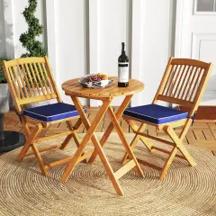 3 Pieces Acacia Wood Patio Folding Bistro Set with Soft Cushions and Slatted Backrest Navy