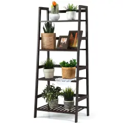 Costway 4-Tier Bamboo Ladder Shelf Plant Display Stand Rack Bookshelf Dark Brown