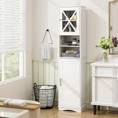 67 Inch Tall Freestanding Bathroom Storage Cabinet with 5 Adjustable Shelves and 2 Open Compartments White