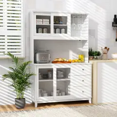 Kitchen Pantry Storage Cabinet with 2 Compartments with Doors and LED Lights and Power Outlet White