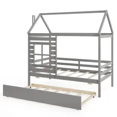 Solid Wood House Bed with Trundle, Guardrails and Customizable Design Grey