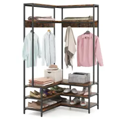 Multi-purpose Coat Rack with Open Shelves & Metal Hooks for Storage Rustic Brown