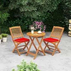 Set of 2 Armless Outdoor Folding Chairs with Seat Cushions and Slatted Backrest Red