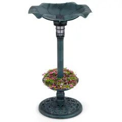 Solar Bird Bath with Lotus Leaf Bowl, Planter and Weatherproof Lamp Green
